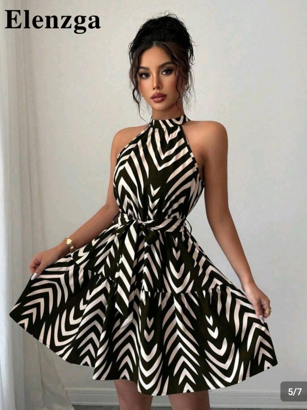 NWT Women's Black Sleeveless Waist Cinched Printed Elegant Mini Dress